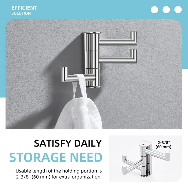 Alt view image 4 of 7 - Swivel Towel Hook 3 Arms, Robe Coat Wall Hook, Polished Chrome Rustproof SUS304 Stainless Steel Hand Towel Holder, Foldable Space Saver for Bathroom Kitchen Closet Entryway, Screws Mounted