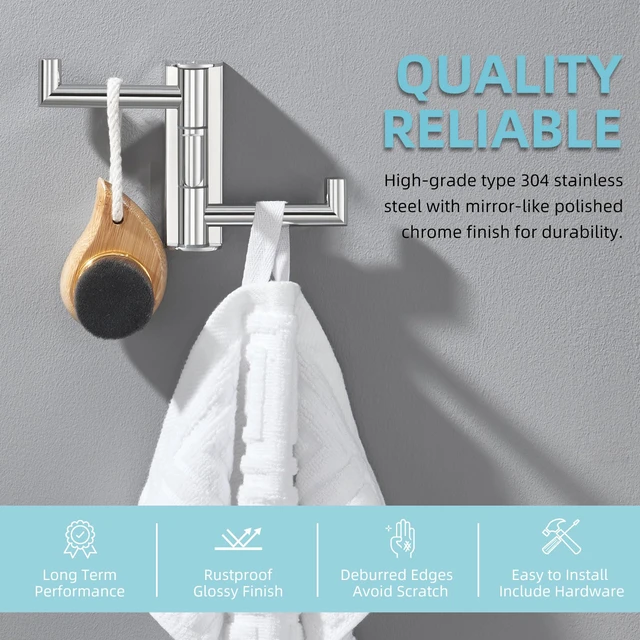 Alt view image 5 of 7 - Swivel Towel Hook 3 Arms, Robe Coat Wall Hook, Polished Chrome Rustproof SUS304 Stainless Steel Hand Towel Holder, Foldable Space Saver for Bathroom Kitchen Closet Entryway, Screws Mounted