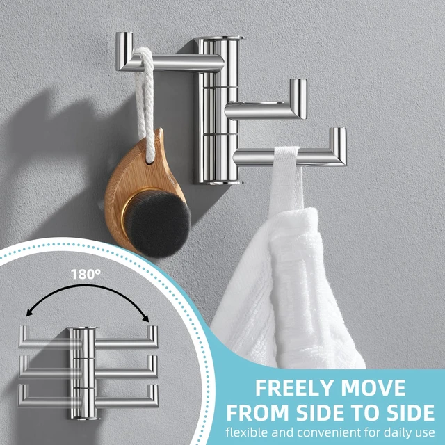 Alt view image 6 of 7 - Swivel Towel Hook 3 Arms, Robe Coat Wall Hook, Polished Chrome Rustproof SUS304 Stainless Steel Hand Towel Holder, Foldable Space Saver for Bathroom Kitchen Closet Entryway, Screws Mounted