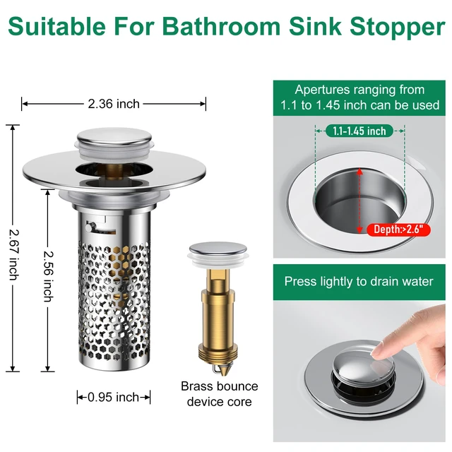 Alt view image 2 of 7 - Bathroom Sink Drain Strainer,Universal Pop-Up Sink Stopper Hair Catcher, Anti-Clog Stainless Steel Drain Filter Basket, Removable Sink Drain for Bathroom Sink Stopper (Ysilver-2with Buckle)