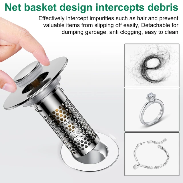 Alt view image 5 of 7 - Bathroom Sink Drain Strainer,Universal Pop-Up Sink Stopper Hair Catcher, Anti-Clog Stainless Steel Drain Filter Basket, Removable Sink Drain for Bathroom Sink Stopper (Ysilver-2with Buckle)