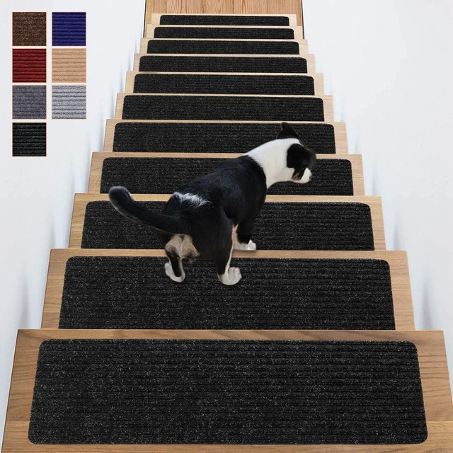 Main image of Carpet Stair Treads for Wooden Steps Non-Slip Indoor 16pcs 8x30inch Stair Treads Carpet Anti Slip for Dogs, Elders, Kids Stair Runners for Wooden Steps Stair Pads Mats Covers Pads, Black
