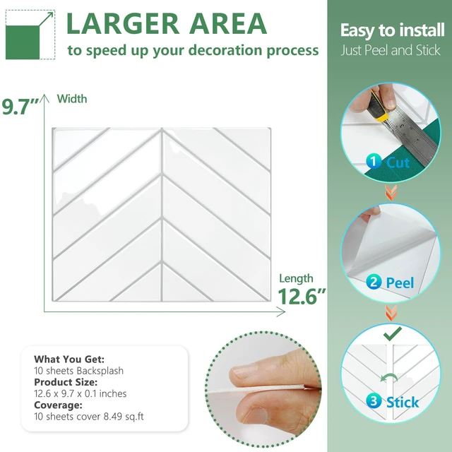 Alt view image 4 of 7 - Herringbone Peel and Stick Backsplash, White/Grey Grout, 10 Sheets 12.6 x 9.7 in, Thicker Rectangular Vinyl Stick-On Wall Tiles, Easy Alignment, Waterproof, Easy to Clean, Kitchen/Bathroom