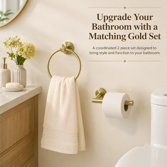 Alt view image 4 of 7 - Toilet Paper Holder Towel Ring Brushed Gold Bathroom Hardware Hand Towel Holder Bathroom Accessories Set Wall Mount Stainless Steel 2 Pieces