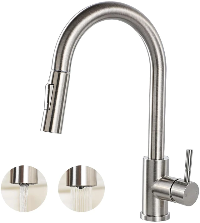 Main image of Kitchen Sink Faucet Brushed Nickel with Pull Down Sprayer, Single Hole Stainless Steel Bar Faucet, 360° Swivel Pull Out Sink Faucets for Kitchen, Laundry & Bar Sinks, HT-KF100