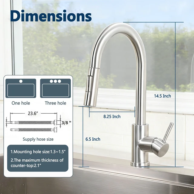 Alt view image 2 of 7 - Kitchen Sink Faucet Brushed Nickel with Pull Down Sprayer, Single Hole Stainless Steel Bar Faucet, 360° Swivel Pull Out Sink Faucets for Kitchen, Laundry & Bar Sinks, HT-KF100