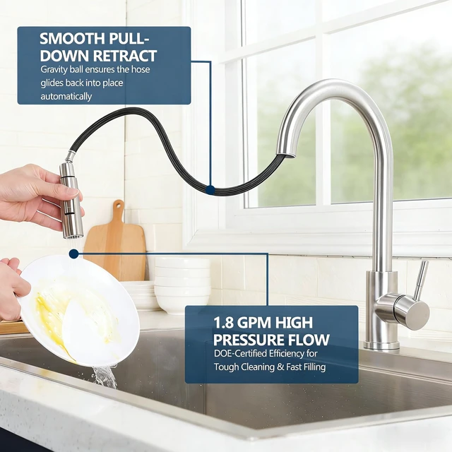 Alt view image 3 of 7 - Kitchen Sink Faucet Brushed Nickel with Pull Down Sprayer, Single Hole Stainless Steel Bar Faucet, 360° Swivel Pull Out Sink Faucets for Kitchen, Laundry & Bar Sinks, HT-KF100