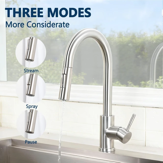 Alt view image 4 of 7 - Kitchen Sink Faucet Brushed Nickel with Pull Down Sprayer, Single Hole Stainless Steel Bar Faucet, 360° Swivel Pull Out Sink Faucets for Kitchen, Laundry & Bar Sinks, HT-KF100