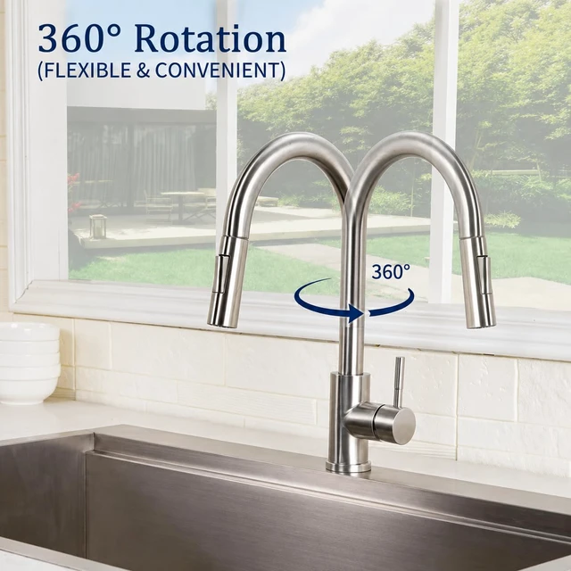 Alt view image 5 of 7 - Kitchen Sink Faucet Brushed Nickel with Pull Down Sprayer, Single Hole Stainless Steel Bar Faucet, 360° Swivel Pull Out Sink Faucets for Kitchen, Laundry & Bar Sinks, HT-KF100