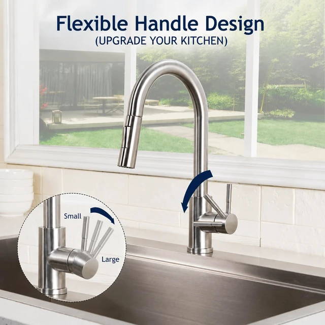 Alt view image 6 of 7 - Kitchen Sink Faucet Brushed Nickel with Pull Down Sprayer, Single Hole Stainless Steel Bar Faucet, 360° Swivel Pull Out Sink Faucets for Kitchen, Laundry & Bar Sinks, HT-KF100