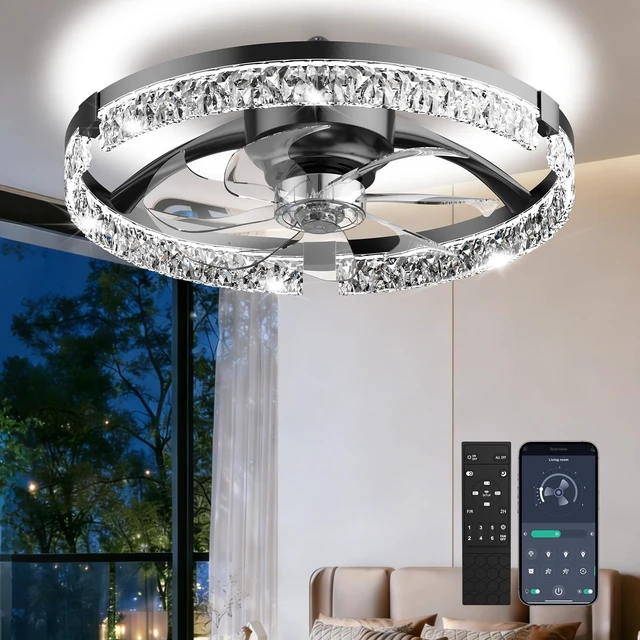 Main image of 20" Low Profile Ceiling Fan with Light and Remote, Dimmable LED Flush Mount Ceiling Fan, 6 Speeds, White Modern Design for Bedroom/Living Room Black-Crystal
