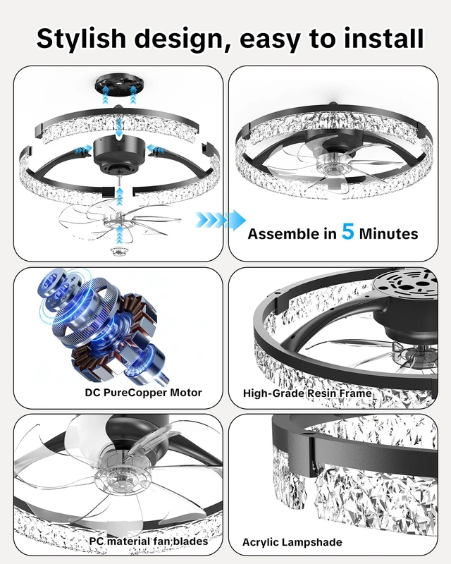 Alt view image 2 of 7 - 20" Low Profile Ceiling Fan with Light and Remote, Dimmable LED Flush Mount Ceiling Fan, 6 Speeds, White Modern Design for Bedroom/Living Room Black-Crystal