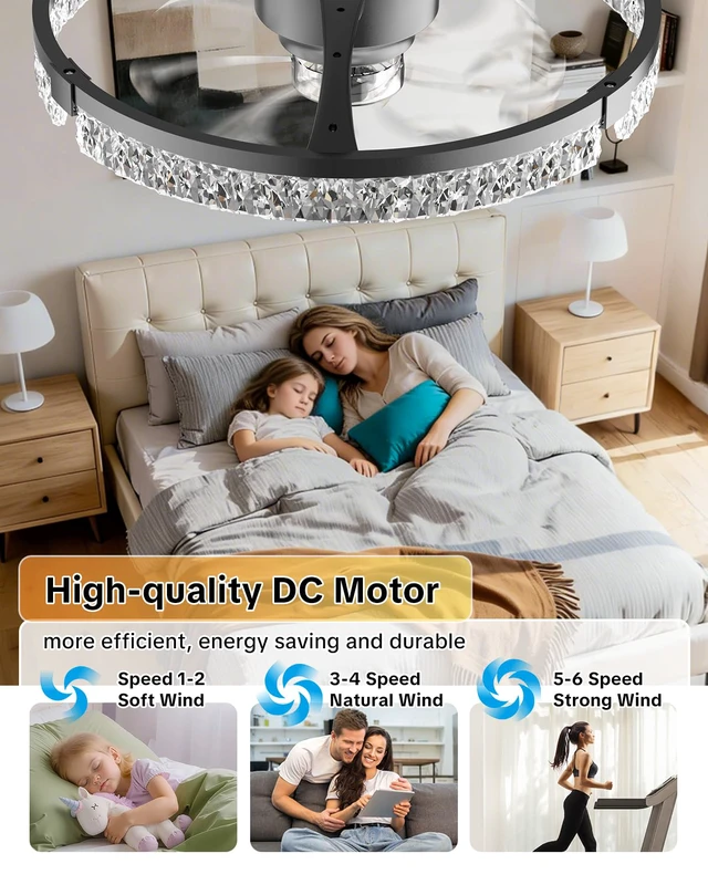 Alt view image 4 of 7 - 20" Low Profile Ceiling Fan with Light and Remote, Dimmable LED Flush Mount Ceiling Fan, 6 Speeds, White Modern Design for Bedroom/Living Room Black-Crystal