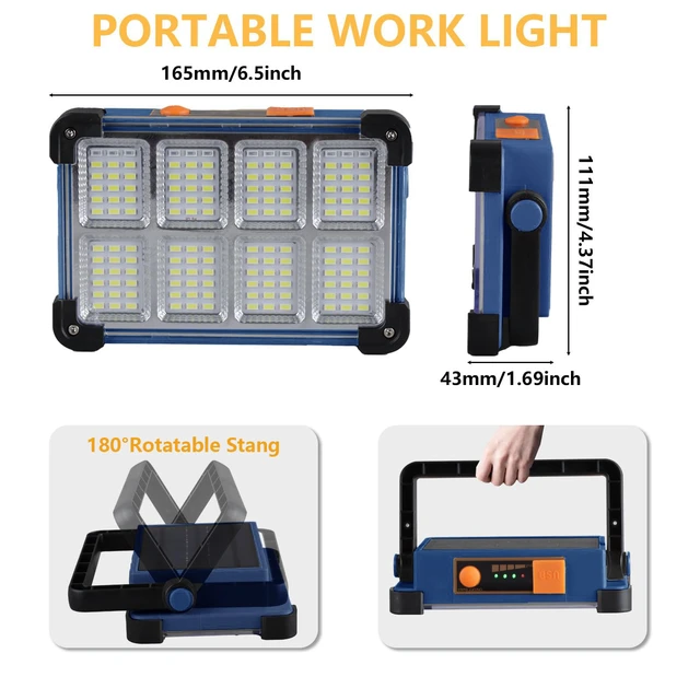 Alt view image 4 of 7 - 120W Solar Rechargeable Work Light, 144 LED Portable Flood Light with Stand, IP66 Waterproof 4 Modes LED Job Site Lighting Flashlights for Mechanic Camping Fishing Car Repair
