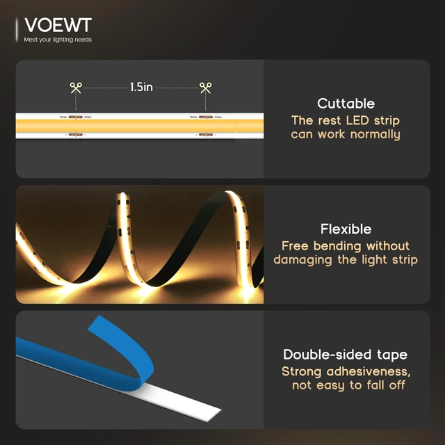 Alt view image 5 of 7 - COB LED Strip Lights Warm White 3000K,32.8ft 24V High CRI 95Ra+ Super Bright, Flexible Tape Lights for Bedroom,Mirror,Kitchen Cabinet, Living Room(Power Supply Not Included)