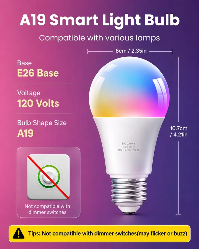 Alt view image 3 of 7 - Smart Alexa Light Bulbs, Bluetooth WiFi Led Bulb Compatible with Alexa &Google Assistant, RGB Color Changing Bulbs, Music Sync, 9W(60W Equivalent), A19 E26 800LM(2.4Ghz WiFi only), 6 Pack