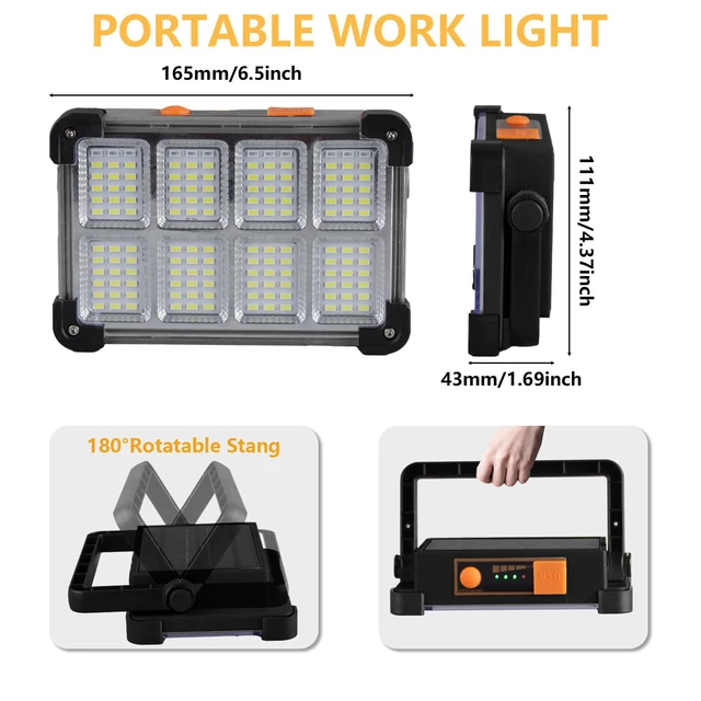 Alt view image 4 of 7 - 120W Solar Rechargeable Work Light, 144 LED Portable Flood Light with Stand, IP66 Waterproof 4 Modes LED Job Site Lighting Flashlights for Mechanic Camping Fishing Car Repair