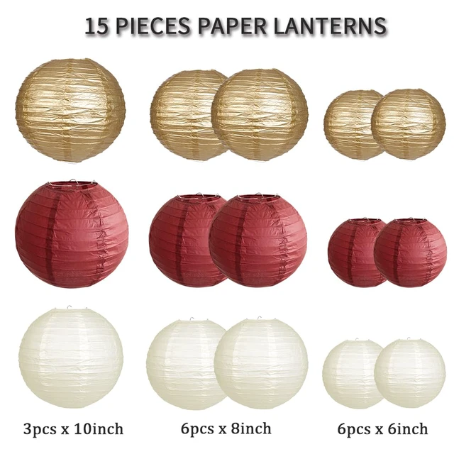 Alt view image 2 of 7 - Round Hanging Paper Lanterns Burgundy and Gold Party Decorations15pcs Paper Lanterns Party Decorations for Graduation, Bachelorette, Wedding, Birthday Party Supplies Maroon/Gold/Ivory
