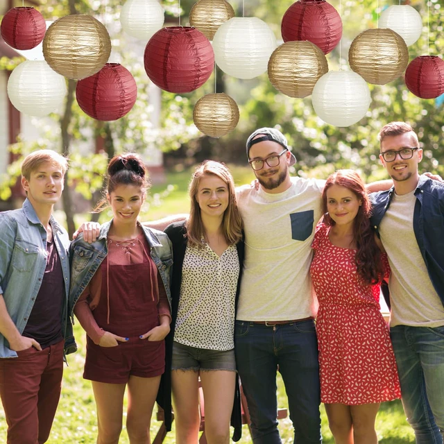 Alt view image 4 of 7 - Round Hanging Paper Lanterns Burgundy and Gold Party Decorations15pcs Paper Lanterns Party Decorations for Graduation, Bachelorette, Wedding, Birthday Party Supplies Maroon/Gold/Ivory