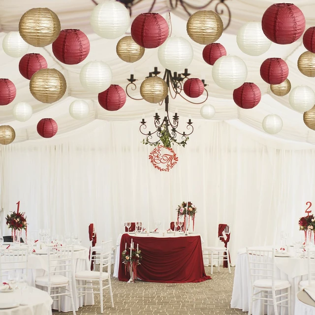 Alt view image 6 of 7 - Round Hanging Paper Lanterns Burgundy and Gold Party Decorations15pcs Paper Lanterns Party Decorations for Graduation, Bachelorette, Wedding, Birthday Party Supplies Maroon/Gold/Ivory