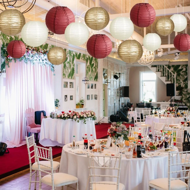 Alt view image 5 of 7 - Round Hanging Paper Lanterns Burgundy and Gold Party Decorations15pcs Paper Lanterns Party Decorations for Graduation, Bachelorette, Wedding, Birthday Party Supplies Maroon/Gold/Ivory