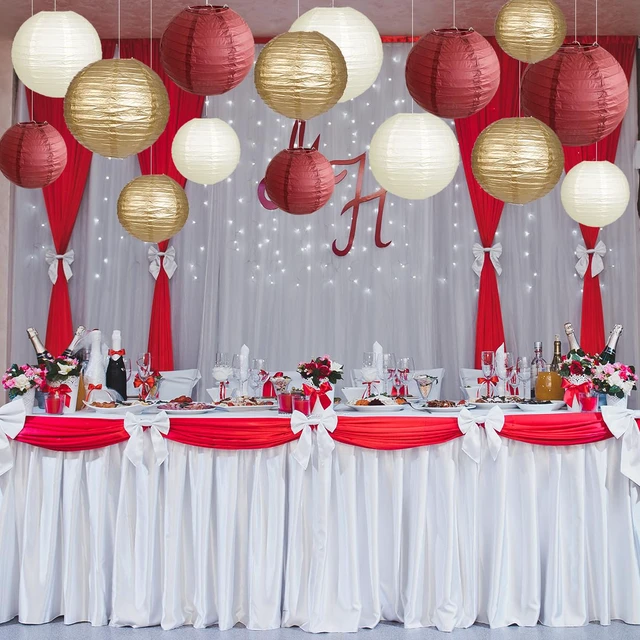 Alt view image 7 of 7 - Round Hanging Paper Lanterns Burgundy and Gold Party Decorations15pcs Paper Lanterns Party Decorations for Graduation, Bachelorette, Wedding, Birthday Party Supplies Maroon/Gold/Ivory