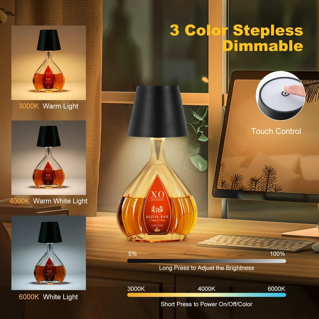 Alt view image 2 of 7 - 2 Pack Wine Bottle Lamps, 2026 New 3 Color Rechargeable Wireless Bottle Lamps, Bottle Lamp Kit for Liquor Bottles with Touch Dimming for Parties, Restaurants & Home Decor (Black)