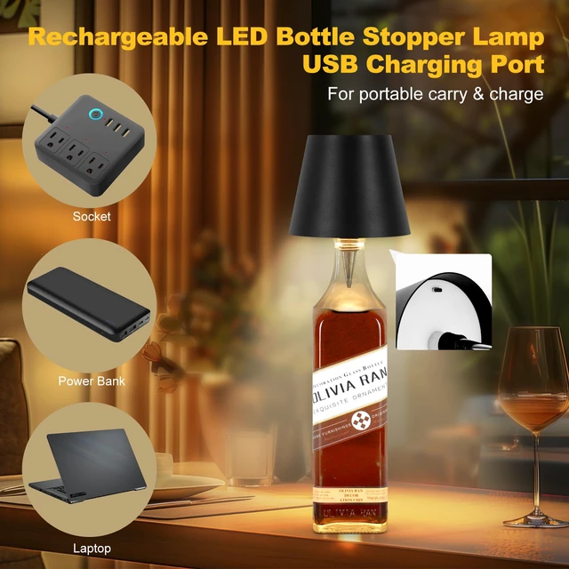 Alt view image 3 of 7 - 2 Pack Wine Bottle Lamps, 2026 New 3 Color Rechargeable Wireless Bottle Lamps, Bottle Lamp Kit for Liquor Bottles with Touch Dimming for Parties, Restaurants & Home Decor (Black)