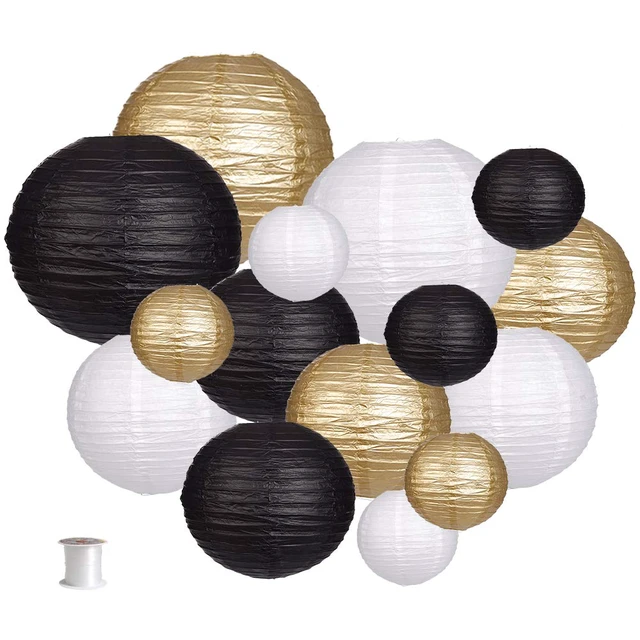 Main image of Round Hanging Paper Lanterns Black and Gold Party Decorations 15pcs Paper Lanterns Party Decorations for Wedding, Graduation, Anniversary, Birthday Party Supplies Black/Gold/White