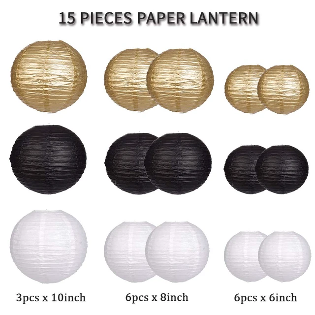 Alt view image 2 of 7 - Round Hanging Paper Lanterns Black and Gold Party Decorations 15pcs Paper Lanterns Party Decorations for Wedding, Graduation, Anniversary, Birthday Party Supplies Black/Gold/White