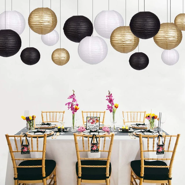 Alt view image 3 of 7 - Round Hanging Paper Lanterns Black and Gold Party Decorations 15pcs Paper Lanterns Party Decorations for Wedding, Graduation, Anniversary, Birthday Party Supplies Black/Gold/White