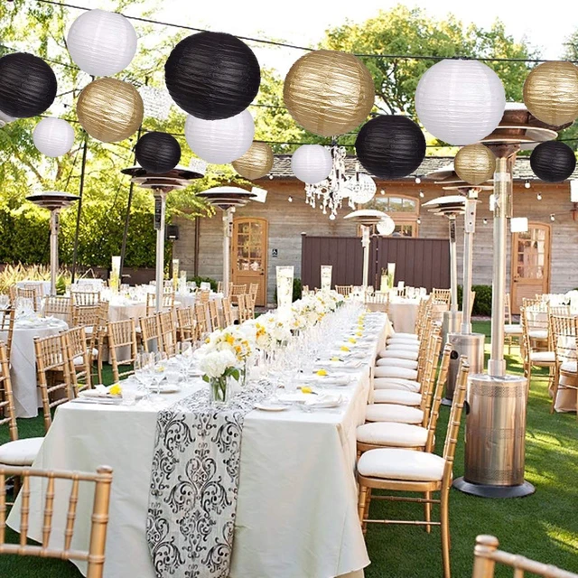 Alt view image 4 of 7 - Round Hanging Paper Lanterns Black and Gold Party Decorations 15pcs Paper Lanterns Party Decorations for Wedding, Graduation, Anniversary, Birthday Party Supplies Black/Gold/White