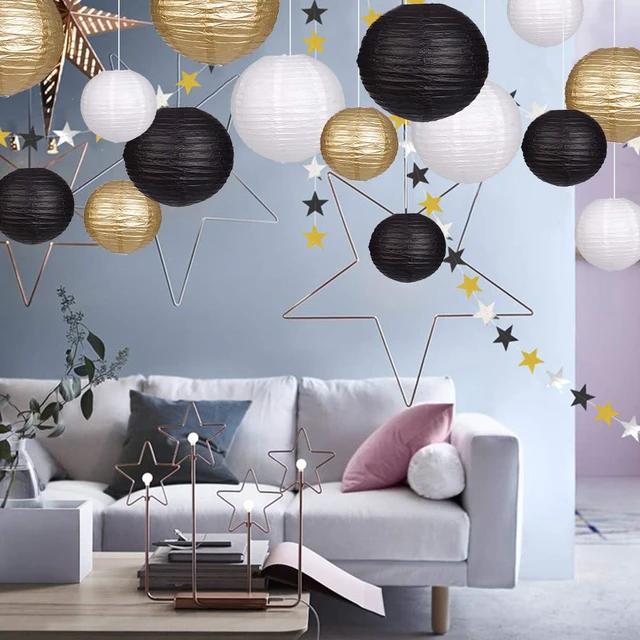 Alt view image 5 of 7 - Round Hanging Paper Lanterns Black and Gold Party Decorations 15pcs Paper Lanterns Party Decorations for Wedding, Graduation, Anniversary, Birthday Party Supplies Black/Gold/White