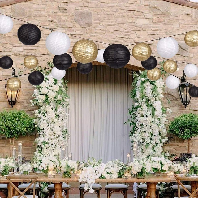 Alt view image 6 of 7 - Round Hanging Paper Lanterns Black and Gold Party Decorations 15pcs Paper Lanterns Party Decorations for Wedding, Graduation, Anniversary, Birthday Party Supplies Black/Gold/White