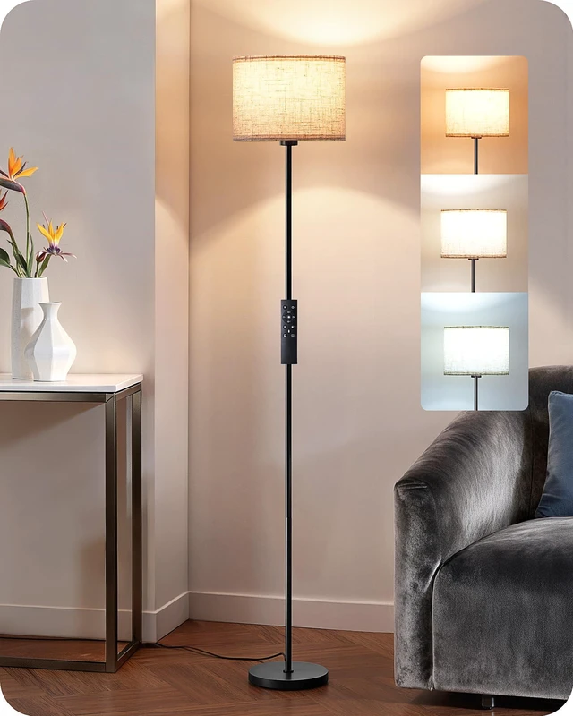 Main image of 2 Lampshades Modern Floor Lamps for Living Room Black 63.7", Foot Switch & Remote Control, Stepless Dimmable, 9W LED Bulb Included, Minimalist Lamps for Bedroom, Office
