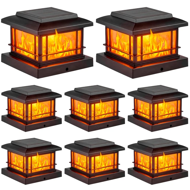 Main image of Flickering Flame Solar Post Cap Lights Outdoor, Black Post Lights with 3 Color Temperature, Fits 3.5" 4" 4.5" 5" Wood/Vinyl Posts, IP64 Waterproof Fence Deck Lights for Garden Patio Yard 8 Pack