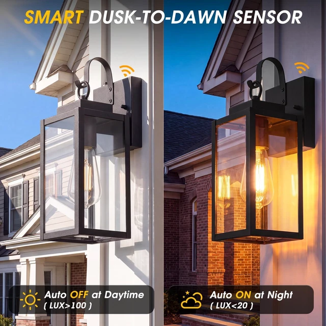 Alt view image 3 of 7 - 2 Pack 13" Dusk to Dawn Porch Light, Outdoor Wall Light with Clear Glass Larger Frame. Auto On at Dusk, Off at Dawn. Rust-Resistant All-Metal. Pre-Assembled DIY Install on Porch, Garage