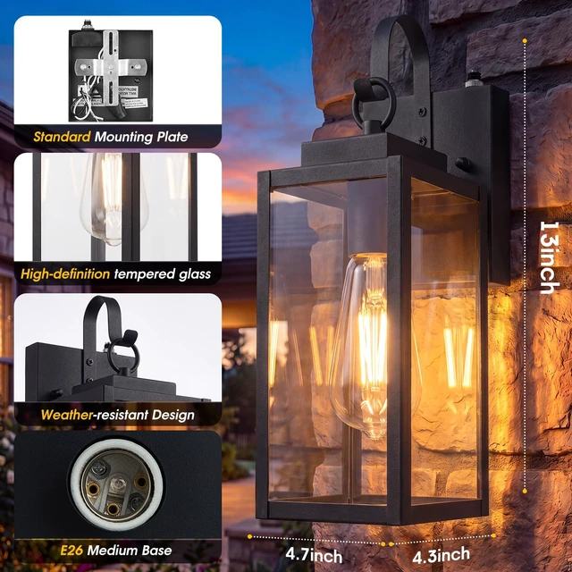 Alt view image 4 of 7 - 2 Pack 13" Dusk to Dawn Porch Light, Outdoor Wall Light with Clear Glass Larger Frame. Auto On at Dusk, Off at Dawn. Rust-Resistant All-Metal. Pre-Assembled DIY Install on Porch, Garage