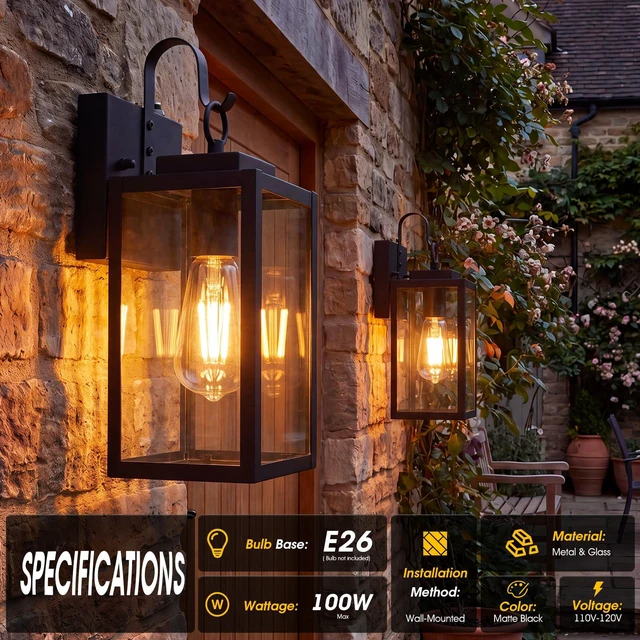 Alt view image 6 of 7 - 2 Pack 13" Dusk to Dawn Porch Light, Outdoor Wall Light with Clear Glass Larger Frame. Auto On at Dusk, Off at Dawn. Rust-Resistant All-Metal. Pre-Assembled DIY Install on Porch, Garage