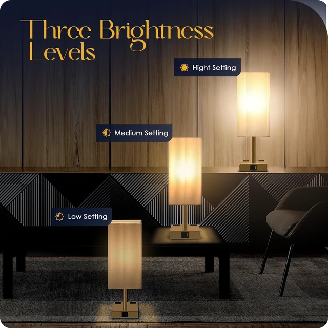 Alt view image 2 of 7 - Bedside Lamp with USB Ports - Touch Control Table Lamp for Bedroom with USB C+A Ports & AC Outlets, 3 Way Dimmable Nightstand Light with Pleated Shade for Living Room(Bulb Included)