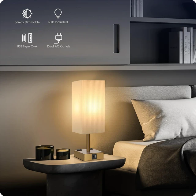 Alt view image 4 of 7 - Bedside Lamp with USB Ports - Touch Control Table Lamp for Bedroom with USB C+A Ports & AC Outlets, 3 Way Dimmable Nightstand Light with Pleated Shade for Living Room(Bulb Included)
