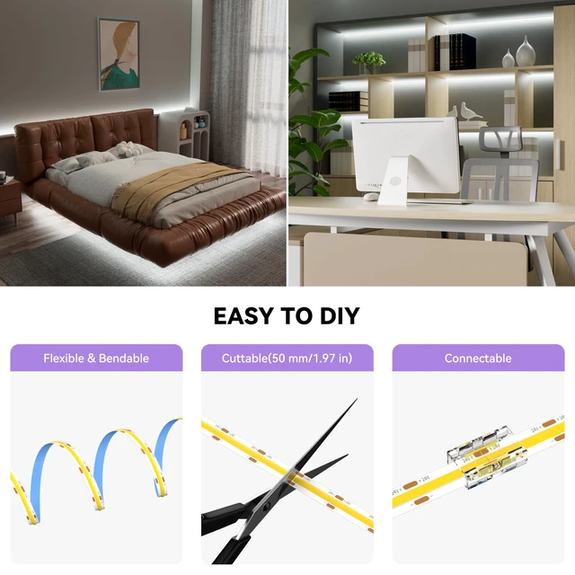 Alt view image 6 of 7 - White LED Strip Lights,COB LED Strip Light 6000K Daylight White,Dimmable 32.8ft 24V LED Tape Lights,Flexible Super Bright Strip Lighting with Remote for Under Cabinet,Mirror,Bedroom,DIY Project