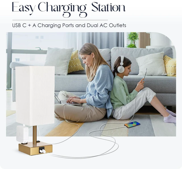Alt view image 6 of 7 - Bedside Lamp with USB Ports - Touch Control Table Lamp for Bedroom with USB C+A Ports & AC Outlets, 3 Way Dimmable Nightstand Light with Pleated Shade for Living Room(Bulb Included)
