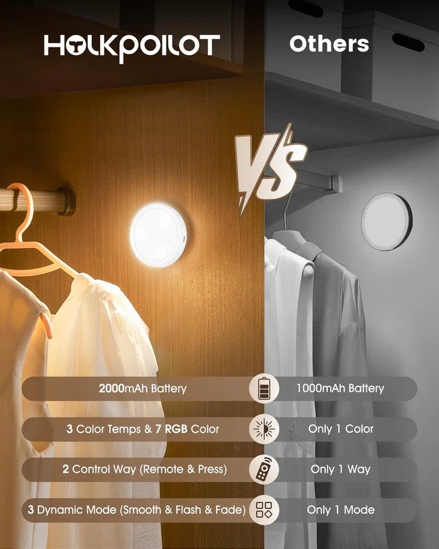 Alt view image 2 of 6 - Puck Lights with Remote, 2000mAh Battery Operated Rechargeable Under Cabinet Lighting, 3 Color Temps & 7 RGB Colors, Magnetic Closet Light, White Wireless Puck Light for Kitchen, Shelf