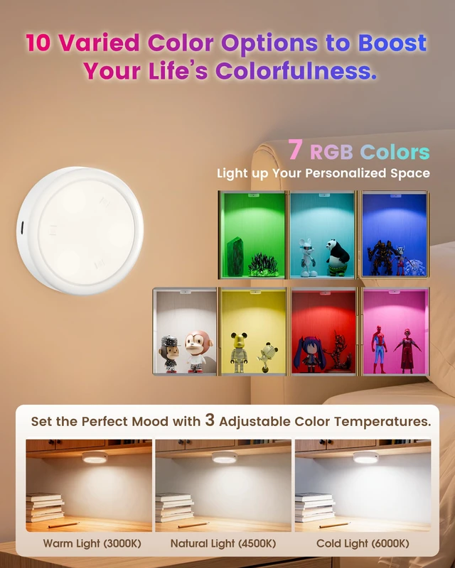 Alt view image 3 of 6 - Puck Lights with Remote, 2000mAh Battery Operated Rechargeable Under Cabinet Lighting, 3 Color Temps & 7 RGB Colors, Magnetic Closet Light, White Wireless Puck Light for Kitchen, Shelf