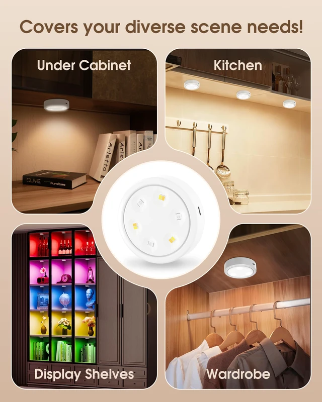 Alt view image 5 of 6 - Puck Lights with Remote, 2000mAh Battery Operated Rechargeable Under Cabinet Lighting, 3 Color Temps & 7 RGB Colors, Magnetic Closet Light, White Wireless Puck Light for Kitchen, Shelf