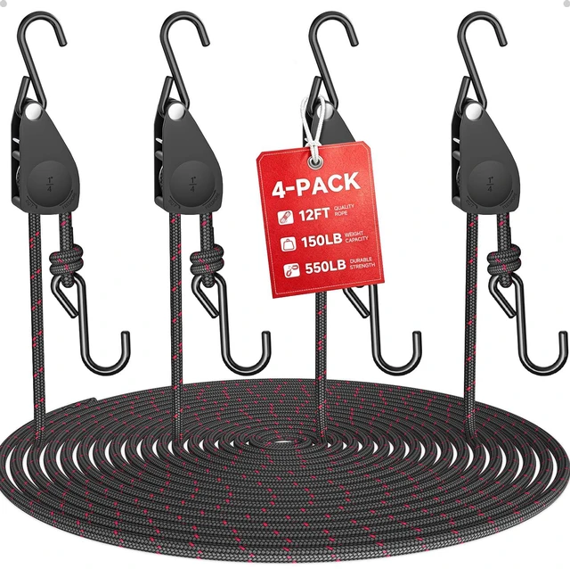 Main image of Rope Tie Downs Small Ratchet Straps, Adjustable Grow Light Hangers 4-Pack of 1/4" 12FT 150LB Load Capacity, Smooth Ratcheting Quick Release, Rust-Resistant for Hanging & Various Tie-Down Uses