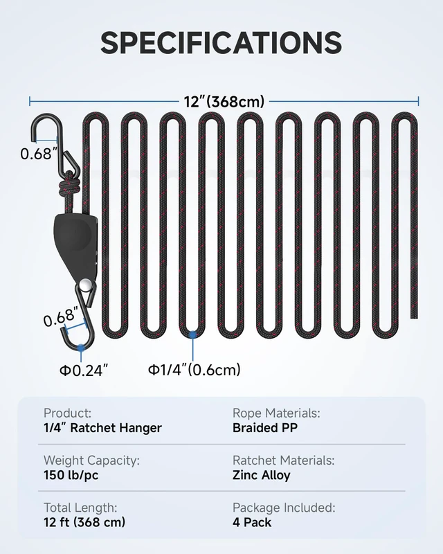 Alt view image 7 of 7 - Rope Tie Downs Small Ratchet Straps, Adjustable Grow Light Hangers 4-Pack of 1/4" 12FT 150LB Load Capacity, Smooth Ratcheting Quick Release, Rust-Resistant for Hanging & Various Tie-Down Uses