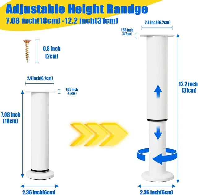 Alt view image 2 of 6 - Adjustable Metal Cabinet Support Legs 7-12 In,White Furniture Feet Set of 6 Adjustable Outdoor Furniture Replacement Legs for Cabinet/Shelf/Dresser/Table, Heavy Duty Feet with Non-Slip Base (White)