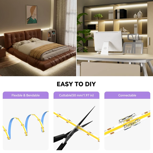 Alt view image 6 of 7 - COB LED Strip,4000K Natural White 32.8ft/10m,Dimmable Super Bright 24V LED Strip Light,CRI 90+ Flexible Tape Light with RF Remote Timer Function,for Home/Cabinet/Bedroom/TV DIY Lighting Project